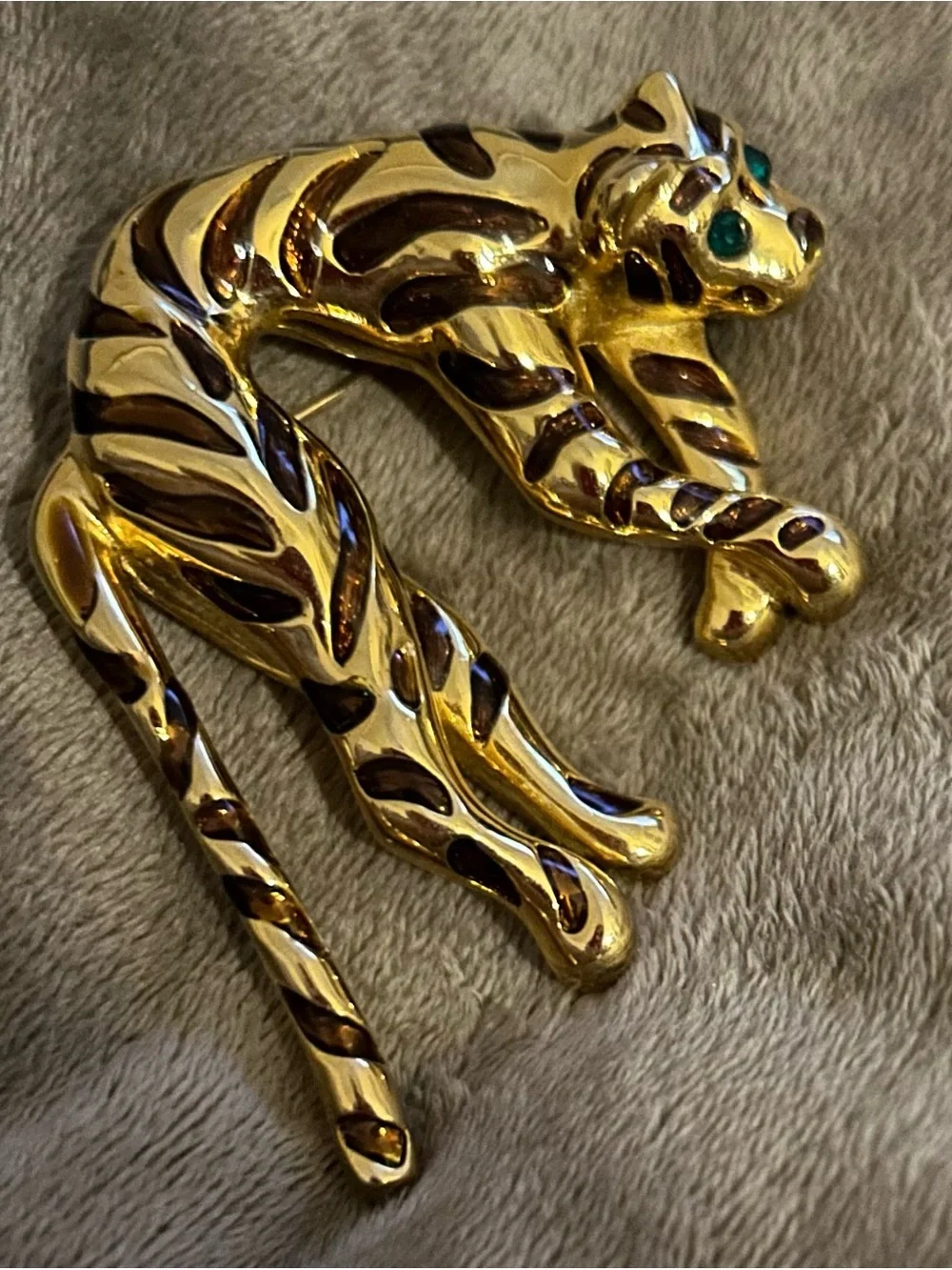 Gold-Tone Tiger Pin Brooch with Brown Enamel Stripes and Green Eyes